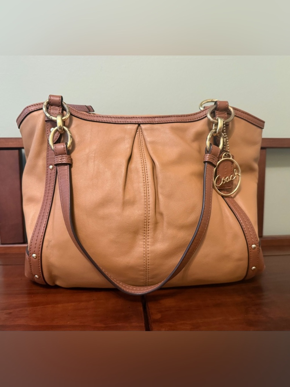 Coach Alexandra Camel and Brown Leather Tote with Gold Hardware